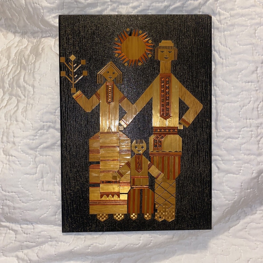 Vtg USSR Russian Wood Straw Inlaid Wall Plaque Man Woman Child Family Folk Art